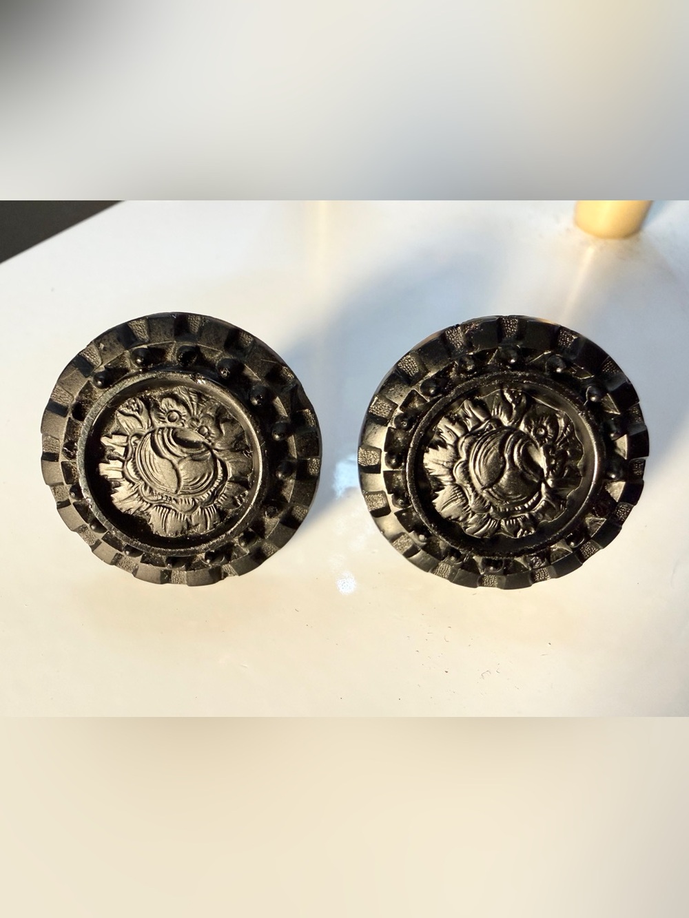Antique Victorian Black Button “Mourning” Vulcanite Screw Back Earrings